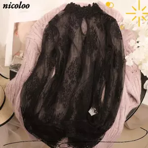 Áo ren NICOLOO, Áo sơ mi ren lưới màu đen, Áo lưới thêu hoa trong suốt dài tay mùa hè