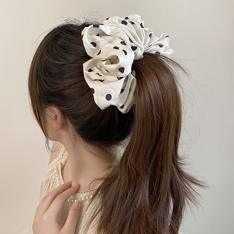 Cà vạt Satin chấm bi đen trắng cổ điển, Dây buộc tóc lớn mềm mại cho kiểu tóc hàng ngày thanh lịch