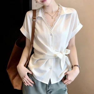 Áo sơ mi ngắn tay cổ chữ V viền ren trắng dành cho nữ, áo thun thời trang mới mùa hè dành cho nữ