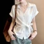 Áo sơ mi ngắn tay cổ chữ V viền ren trắng dành cho nữ, áo thun thời trang mới mùa hè dành cho nữ