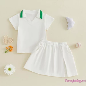 Trang phục bé gái mới biết đi Áo ngắn tay cổ chữ V cổ chữ V cổ tròn màu tương phản + Bộ 2 chiếc váy Mini xẻ tà