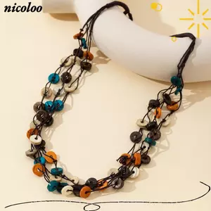 Trang sức đính cườm NICOLOO, Hạt tròn Vòng cổ hạt gỗ cổ điển, Phong cách dân tộc Bohemian Vòng cổ vỏ dừa đầy màu sắc Trang sức nữ