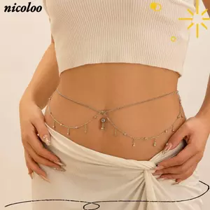 Dây thắt lưng NICOLOO Boho, Mặt dây chuyền thả nước Dây thắt lưng bụng hai lớp, Dây đeo thắt lưng kiểu Goth Vàng bạc Màu bạc lấp lánh Zircon Mùa hè