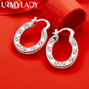URMYLADY Bạc 925 Thanh Lịch Khắc Kẹp Bông Tai Nữ Sang Trọng Cưới Đính Hôn Dự Tiệc Thời Trang Quyến Rũ Trang Sức