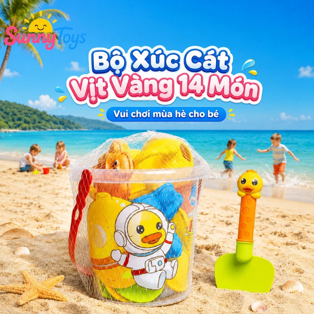 Bộ Đồ Chơi Cát Biển SunnyToys 14 Món - Xô Vịt Vàng, Xẻng Cát Và Bình Tưới Cho Bé