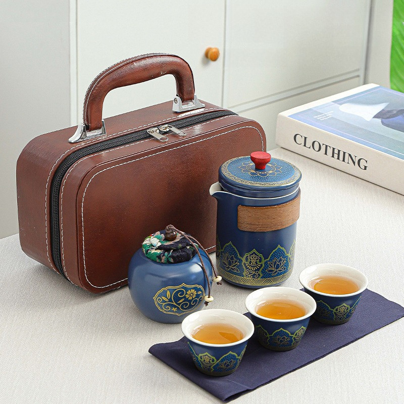 Bộ ấm chén uống trà gốm sứ tráng men,Kèm Túi Da Cao Cấp,Gốm Tráng Men, Thiết Kế Thủ Công