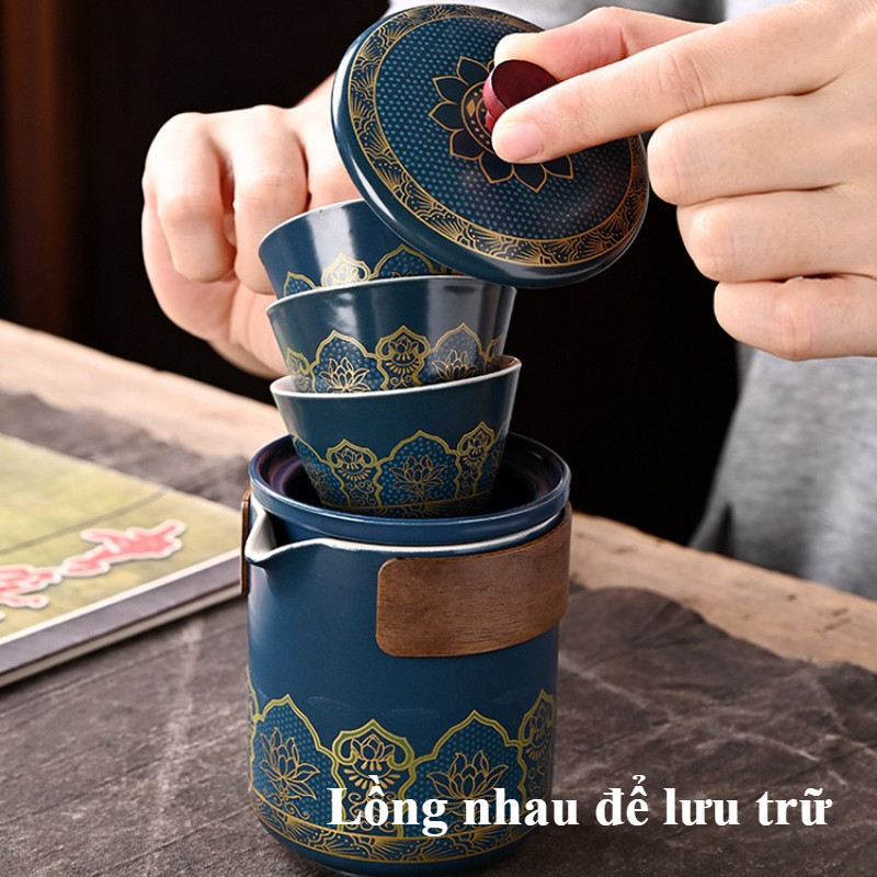 Bộ ấm chén uống trà gốm sứ tráng men,Kèm Túi Da Cao Cấp,Gốm Tráng Men, Thiết Kế Thủ Công