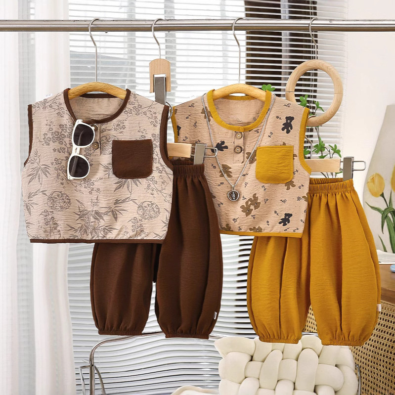 ​Bộ áo Vest mùa hè cho trẻ em Quần short không tay hai mảnh phong cách mỏng 80-150 Size​ KJTF
