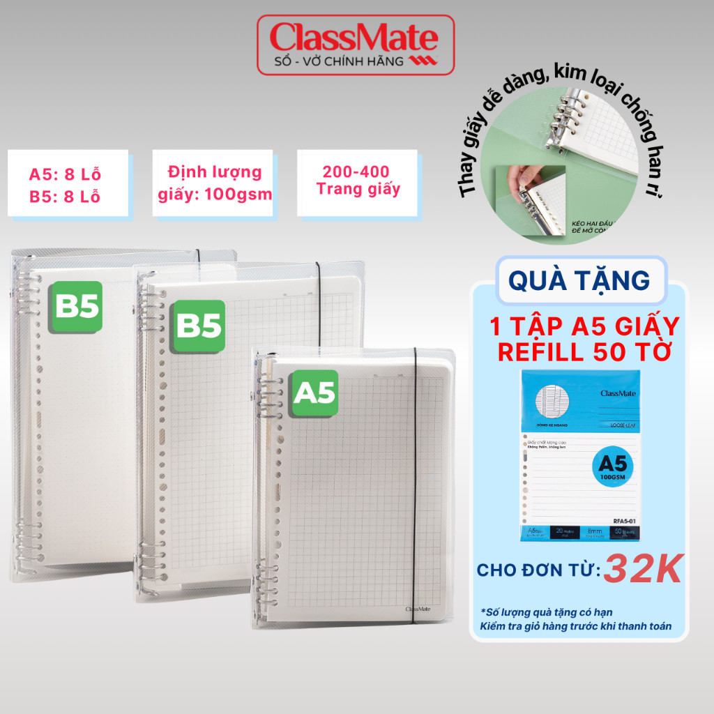 Sổ Còng A4/B5/B4 Kèm Ruột Giấy Refill  Còng Siêu Tiện Lợi, Sổ Còng Thay Được Giấy Refill Dễ Dàng Làm Sổ Tay -AT