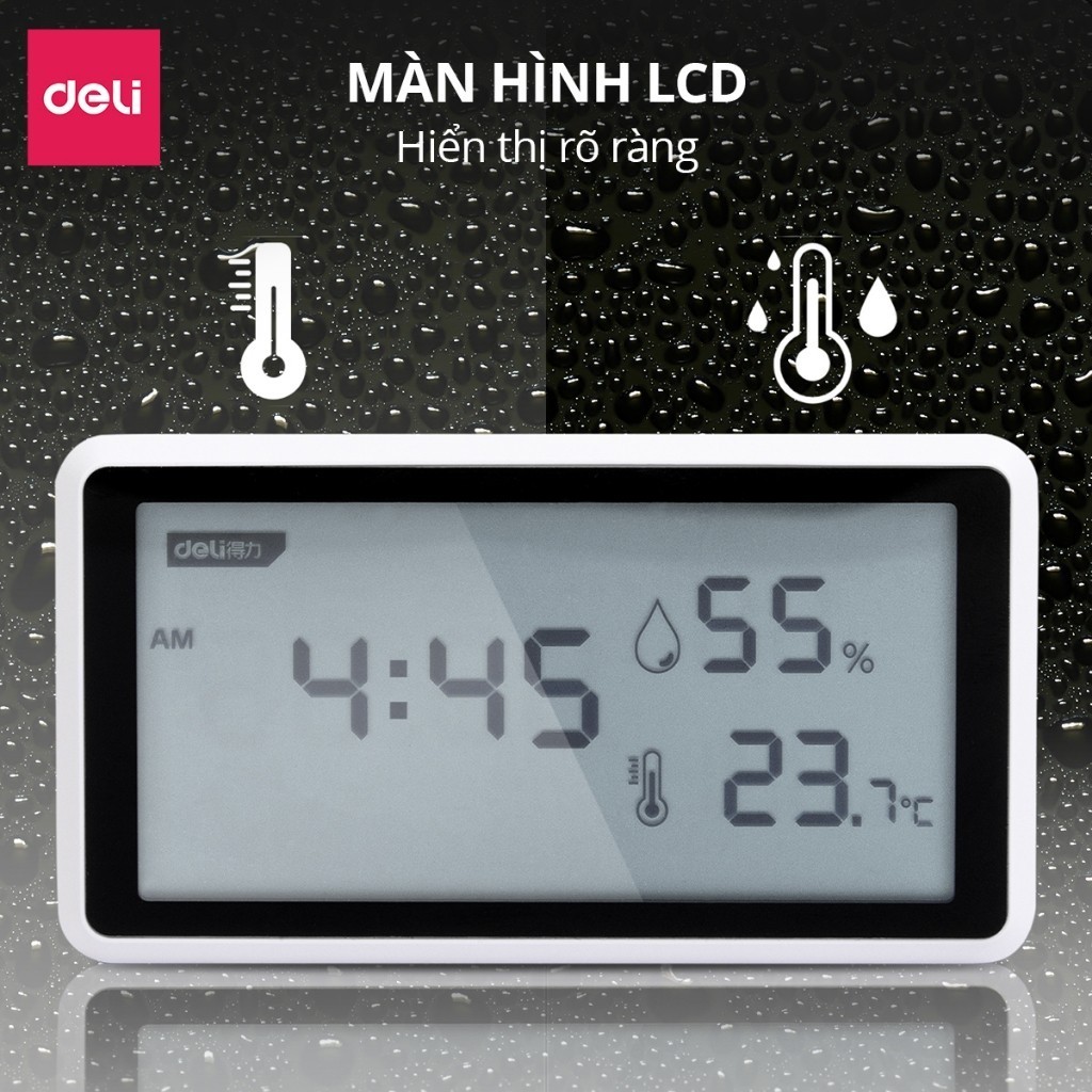 Nhiệt Ẩm Kế Điện Tử Tích Hợp Đồng Hồ Báo Thức Chính Hãng DELI