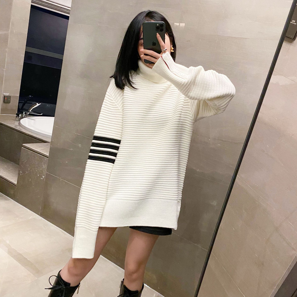 thombrowne 8879High Neck Striped Sweater Knitted High Neck Pullover Fashion Slim Round Neck Cotton Elegant Commuter Knitwear