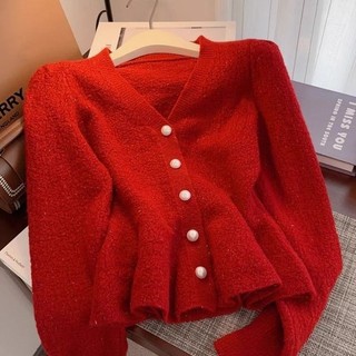 Áo Cardigan Dệt Kim Màu Đỏ Phong Cách Pháp Cho Nữ Thu Đông