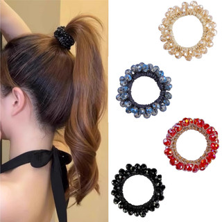 (Giao hàng tại địa phương) Vòng tay pha lê lấp lánh đầy màu sắc Dây buộc tóc đàn hồi cao Bun Kiểu tóc Phụ kiện tóc sang trọng nhẹ