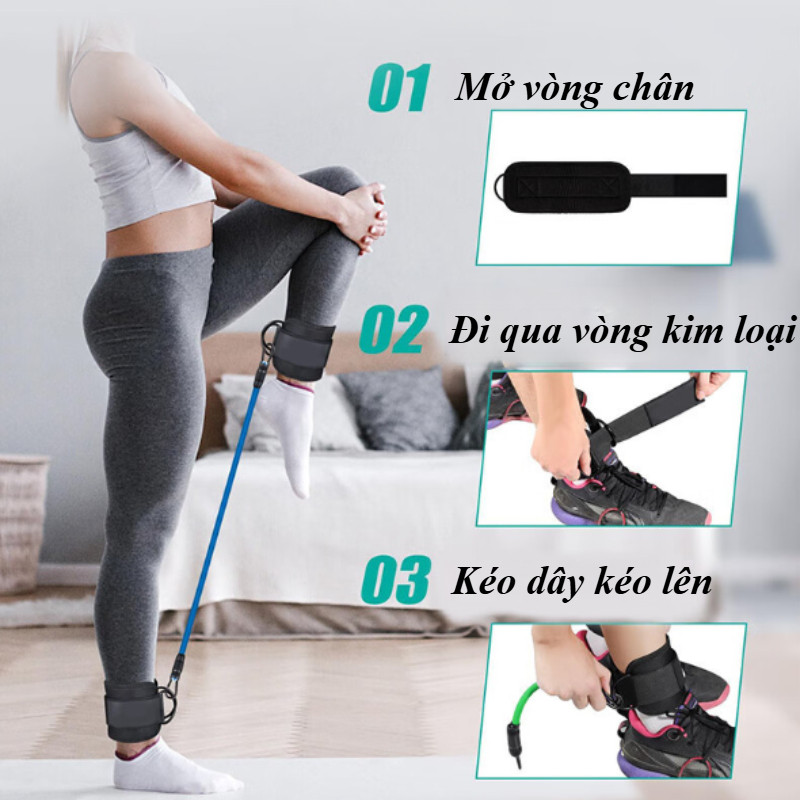 Set Quấn Cổ Chân Tập Gym 1 Đôi - Kèm 3 Dây Kháng Lực, Chất Liệu Mềm, Hỗ Trợ Tập Chân & Mông