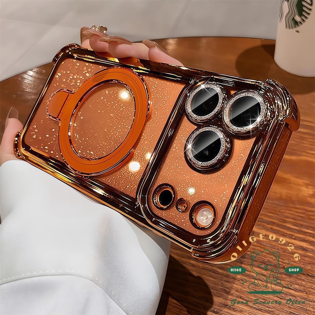 【 Ốp lưng iPhone17 】 Túi khí màu cam Giá đỡ lấp lánh Vỏ điện thoại từ tính iphone17 Pro Max 16 15 14 13 12 cho vỏ iPhone Vỏ mềm silicon TPU chống sốc