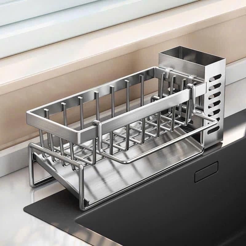 Khay kệ để búi rửa bát inox kèm ống cắm đũa  Chất liệu siêu bền, trống han gỉ. Đồ dùng tiện dụng cho gia đình Kitchen