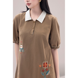SWANLAKE | Váy Đầm Nữ Suông Vải Cotton Thêu Hoa Cổ Sơ Mi Tay Ngắn Phồng Công Sở Thanh Lịch D13077