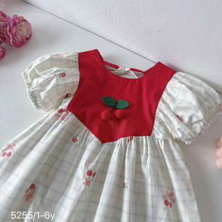 Váy Trắng Phối Đỏ Đính Cherry Cộc Tay Cho Bé Gái Chất Thô Lụa 8-26kg