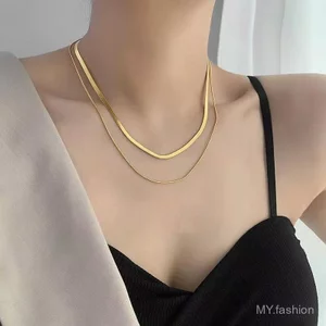 Châu Âu Mỹ ins Hợp Thời Trang Retro Hai Lớp Xương Rắn Xếp Chồng, Tất Cả Trận Đấu Vòng Cổ Thép Titan Ngắn Xương Đòn Dây Xích Nữ