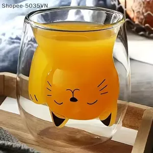 {AKIN} Cốc cà phê thủy tinh mèo con dễ thương, Cốc sữa thủy tinh hai vách. Hoàn hảo cho bữa sáng, cà phê, nước trái cây, sinh nhật cá nhân và quà tặng ngày lễ. {a}