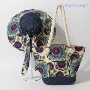 WANYEDI Bộ Kỳ Nghỉ Mùa Hè, Túi Rơm Mũ Chống Nắng Rộng Dung Tích Lớn Cho Nữ, Túi Tote Bohemian Thường Ngày Dệt Hợp Thời Trang Mùa Hè