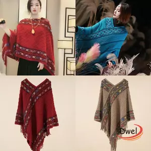 DWEL Hình Thoi Sọc Tua Rua Khăn Choàng, Phong Cách Dân Tộc Giả Cashmere Mông Cổ Poncho, Áo Lớp Phủ Mùa Đông Ấm Áp Dệt Kim Mũi Thời Trang Nữ