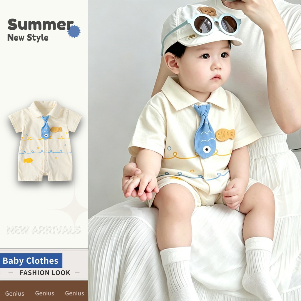 Mùa Hè Cotton Nguyên Chất 0-28 Tháng Tay Ngắn Body Polo Mềm Mại Thoải Mái Quần Áo Cho Bé Dây Buộc Cá Hoạt Hình Siêu Dễ Thương Romper