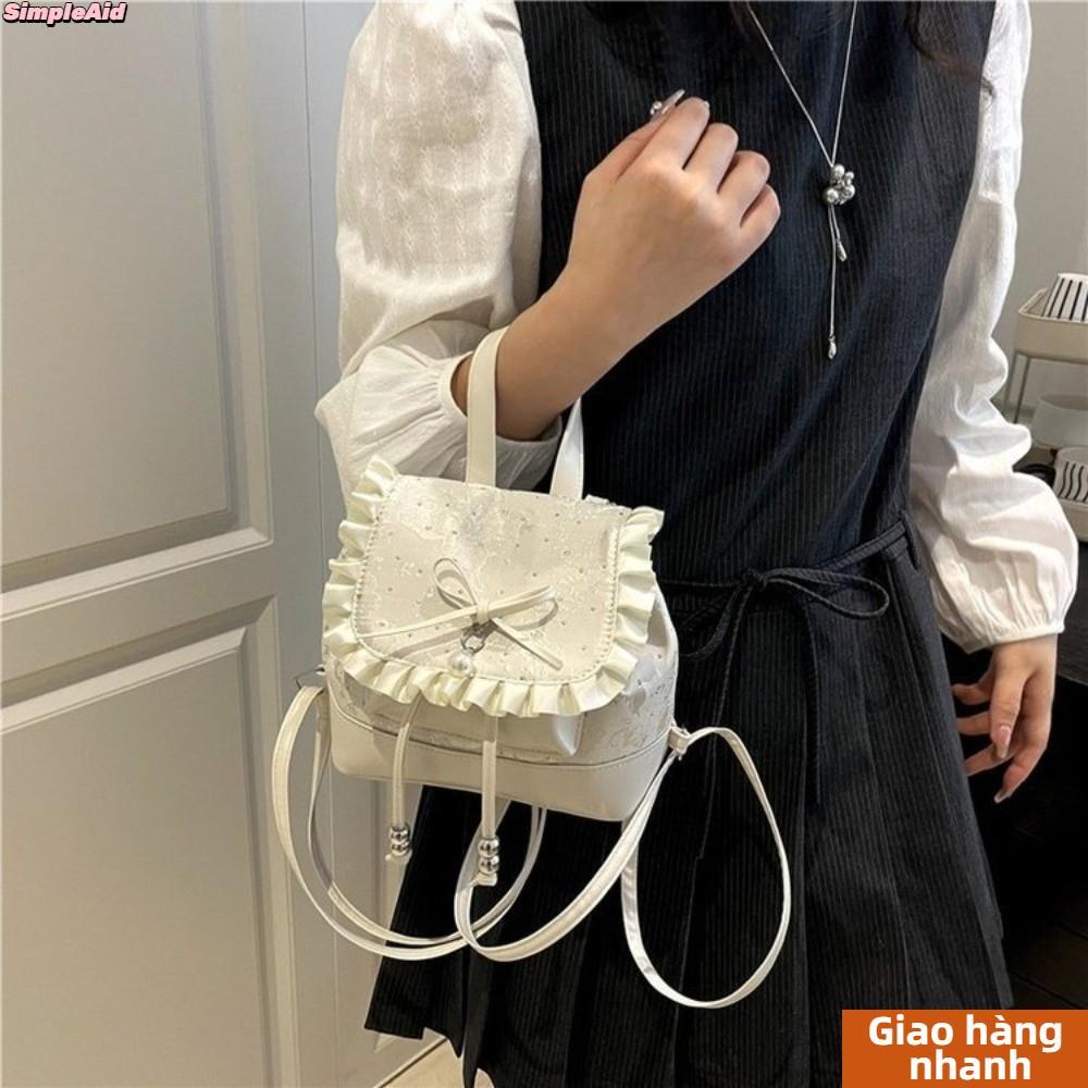 [Vận chuyển nhanh] Ba lô Mini SIMPLEAID, Ba lô thắt nút bướm chấm bi nhẹ, Viền ren thời trang Nơ ngọt ngào Túi sách nhỏ dành cho nữ