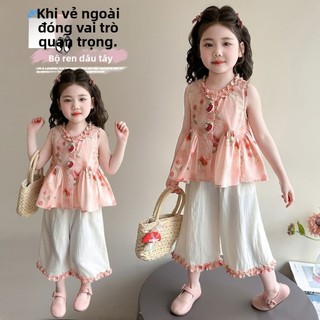 Bộ đồ bé gái mùa hè hoa nhí - Áo sát nách bèo cổ phối quần ống rộng phong cách ngọt ngào
