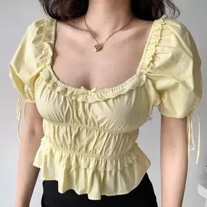 Áo sơ mi tay phồng cổ vuông kiểu Pháp Eo xếp ly Áo ngắn cao cấp phong cách phương Tây