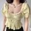 Áo sơ mi tay phồng cổ vuông kiểu Pháp Eo xếp ly Áo ngắn cao cấp phong cách phương Tây