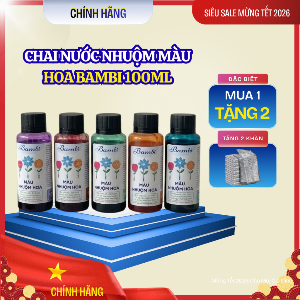 Tặng 2 Khăn - Nước Nhuộm Hoa Tươi Bambi 100ml, Tạo Màu Độc Đáo Cho Hoa, Lên Màu Đẹp, Dễ Sử Dụng