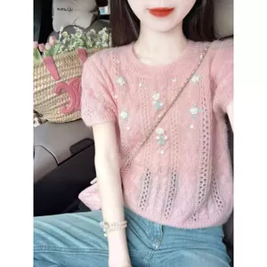 Thiết kế phiên bản Hàn Quốc Áo khoác ngoài màu hồng Phong cách mới Đồ dệt kim ngắn tay tinh tế Phong cách phương Tây Mùa hè Rỗng