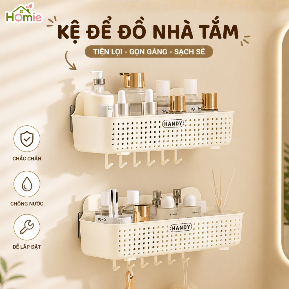Kệ Đựng Đồ Nhà Tắm Dán Tường HOMIE, Giá Đựng Dầu Gội, Sữa Tắm Có Móc Treo Chống Ẩm Mốc Thoáng Khí