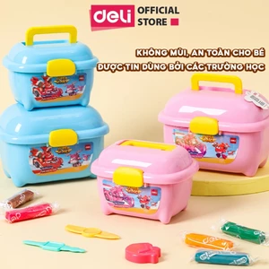 Đất Nặn Super Wings Deli Cho Bé Thùng 12/24 Màu Hồng/Xanh – Mềm Dẻo, Không Dính Tay Hộp Có Quai Xách Tiện Mang Theo