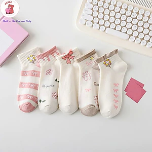 Tất Vớ Cổ Ngắn Hoạ Tiết Hồng Nơ Co Giãn Tốt, chất liệu cotton Dễ thương MEILI STORE