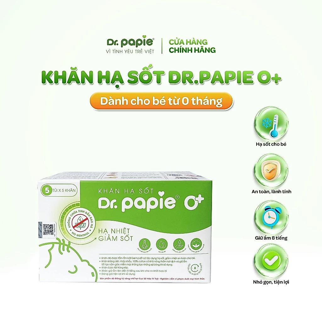 Khăn Hạ Sốt Bé Sơ Sinh Chiết Xuất Thảo Dược Giảm Sốt Chuẩn Nhi Khoa Dr.Papie 0+ (25 khăn/hộp)