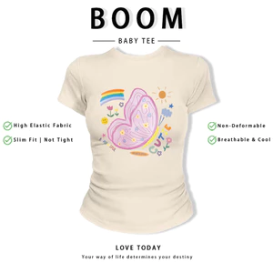 BOOM Áo Baby Tee Nữ Cotton Ôm Body-Áo Thun Ngắn Tay Y2K In Hình PhongCách Mùa Hè, Cổ Tròn Hàng Đầucách hàn quốc phong517