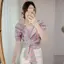 Áo sơ mi kẻ sọc ngắn tay kiểu Pháp mùa hè 2024 Thiết kế phong cách mới Sense Niche Tay phồng một vai Áo ngắn nữ