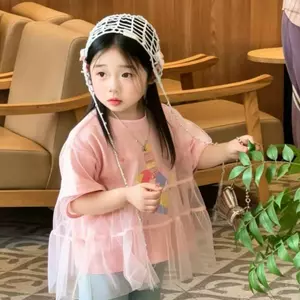 Bé gái (90-150) Mùa hè Phong cách mới Hoạt hình Thời trang Khâu gạc Niche Áo thun ngắn tay