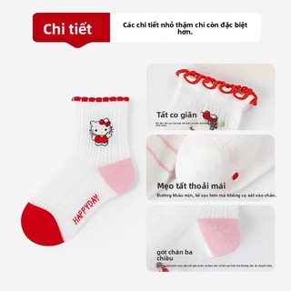 Bộ tất cotton mỏng thoáng khí Hello Kitty cho bé gái – Vớ lưới trung cổ viền hoa dễ thương 5 đôi