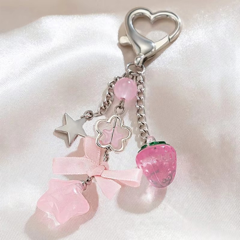 Giả Ngọc Trai Nơ Trái Tim Mặt Dây Chuyền Túi Mặt Dây Chuyền Màu Hồng Dâu Rỗng Hoa Tulip Đính Hạt Móc Khóa Phụ Kiện