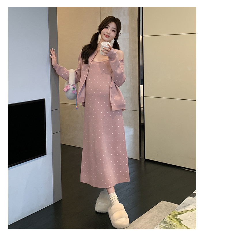 Bộ đồ bà bầu hai mảnh mùa thu, phong cách lười biếng và thời trang Hàn Quốc, váy dệt kim tiện lợi.