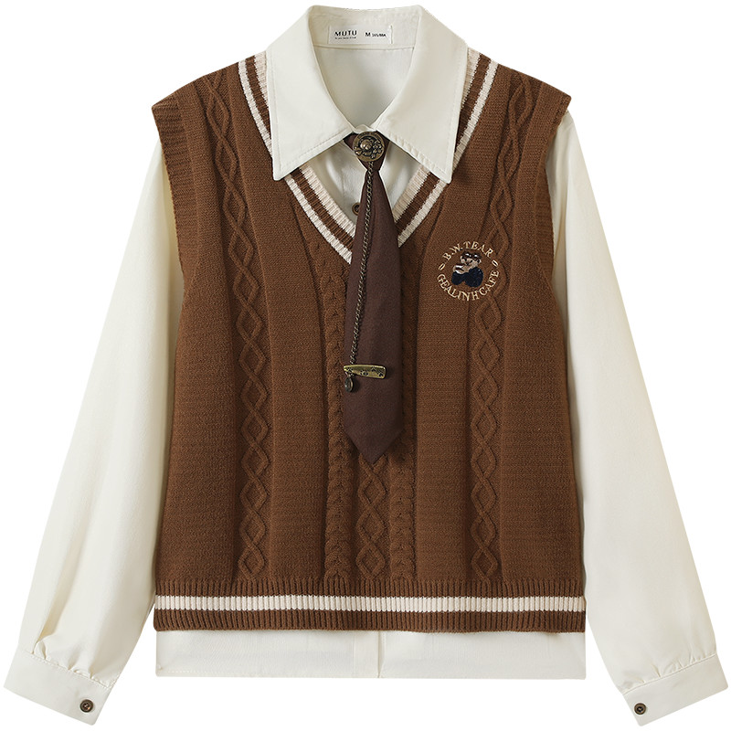 Mutu Preppy Phong Cách Giảm Tuổi Phù Hợp Với Nữ Mùa Xuân 2026 Phong Cách Mới Retro Dệt Kim Áo Vest Áo Sơ Mi Corduroy Bộ Đồ Hai Mảnh