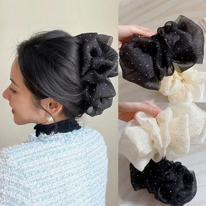 kẹp tóc nơ tiểu thư càng cua Hai Mặt Tạo Bong BóngKẹp tóc nơ voan chấm bi cặp tóc nơ size lớn 13cm búi sau