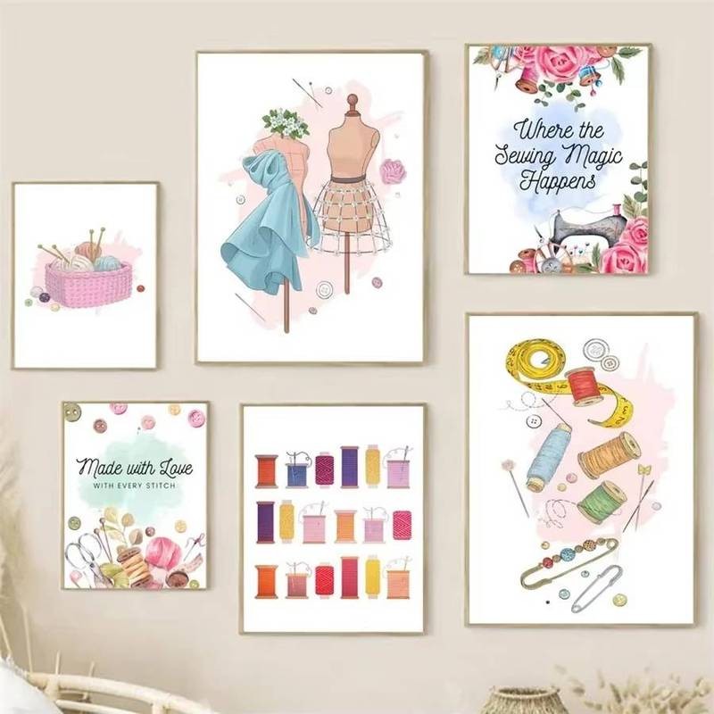 Máy may, kim, sợi chỉ, kéo, áp phích đẹp, thêu và in, tranh canvas nghệ thuật treo tường, tranh trang trí phòng thủ công
