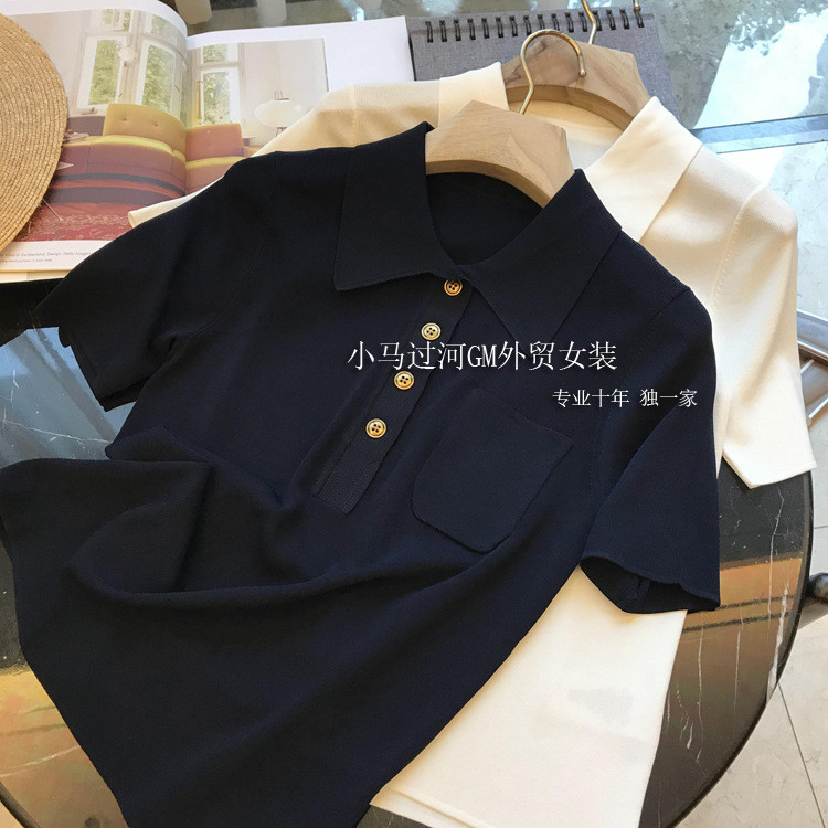 Áo thun dệt kim cổ polo mỏng kiểu Pháp Áo thun ngắn tay nữ