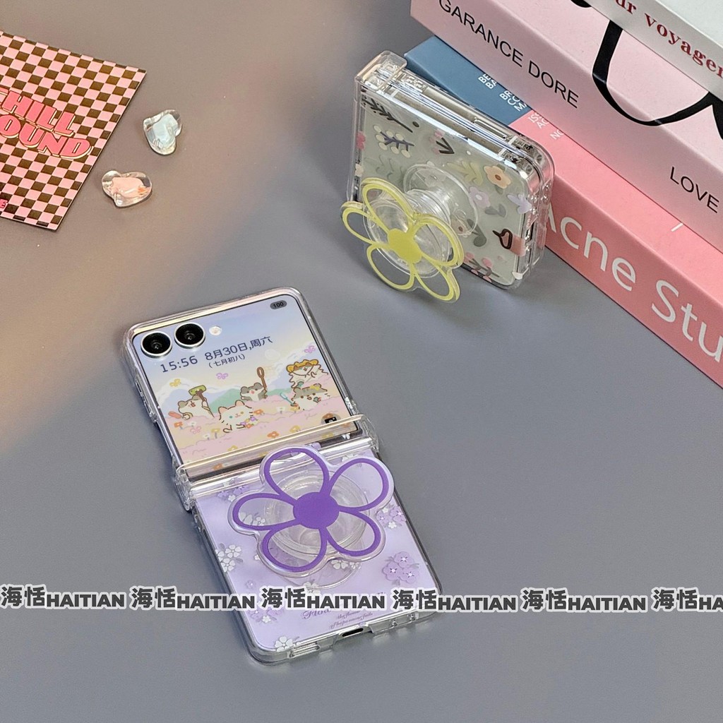 Thích Hợp Cho Samsung Galaxy ZFlip7 Thời Trang Màu Tím Trong Suốt Hoa Giá Đỡ Ốp Lưng Điện Thoại ZFlip5 Zflip6 Dây Gấp Vỏ Cho Zflip 7 5 6 4 5G Vỏ Bảo Vệ