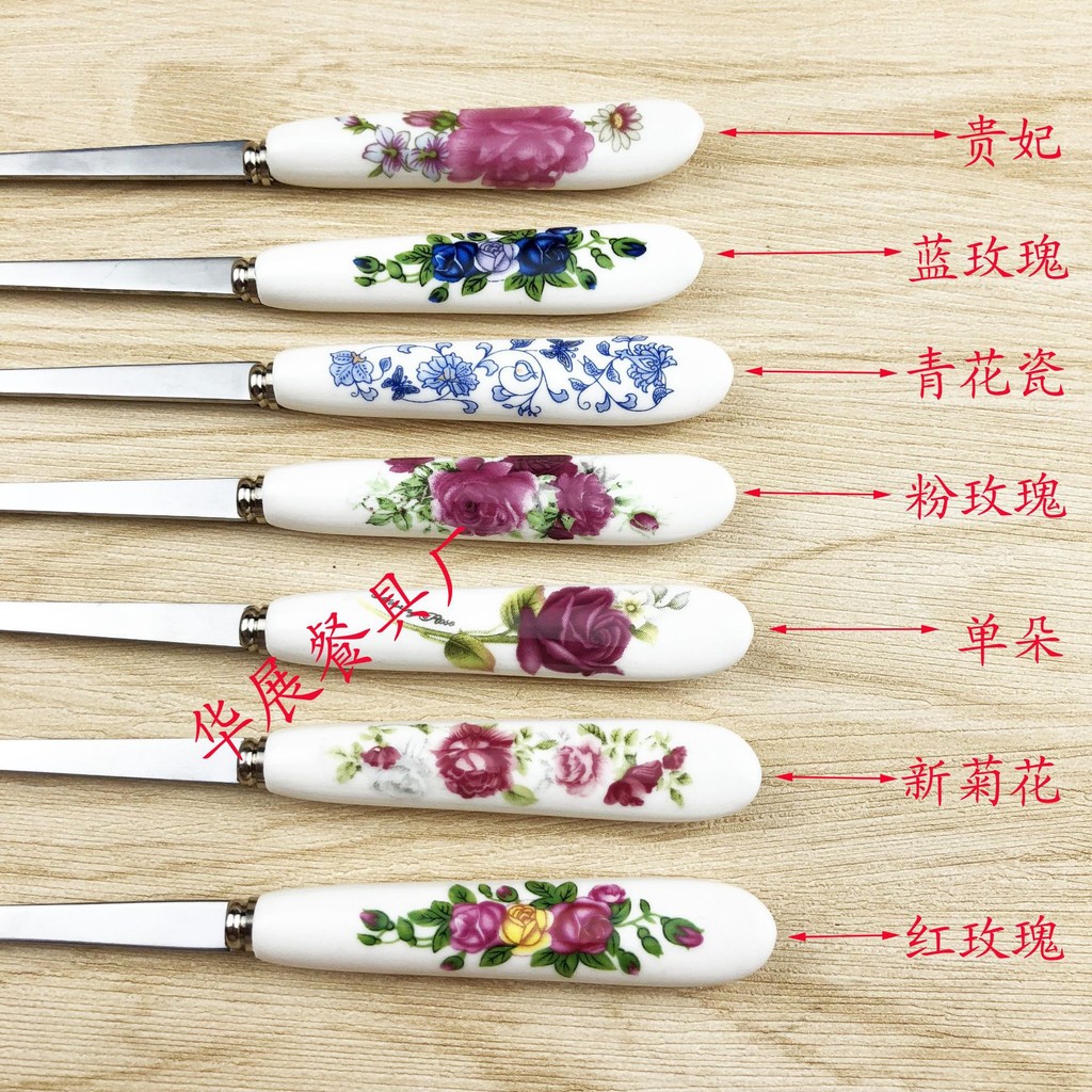 Tay cầm bằng gốm bằng thép không gỉ Hoa văn màu Xuất khẩu Kích thước nhỏ Thìa khuấy Nĩa trái cây T1D1
