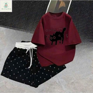 Bộ đồ quần đùi cộc và áo phông tay lỡ cotton su, thời trang thoải mái và phong cách-b